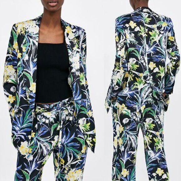 Zara Basic Floral Print Silky Satin Open Front Blazer Jacket M Vibrant Tropical - Picture 1 of 16